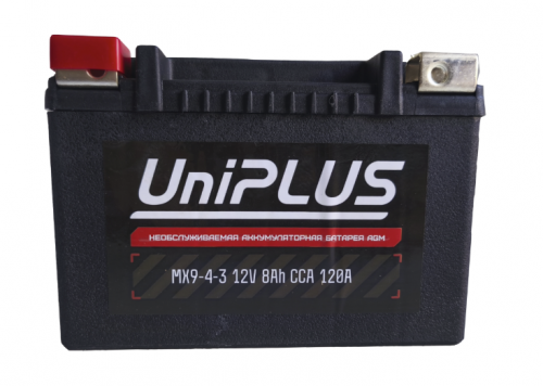 UniPLUS AGM MX9-4 (YTX9-BS) (8 А/ч, 120А) L+, тонкие клеммы под болт М5 для Honda CB600F Hornet / Yamaha FZ6
