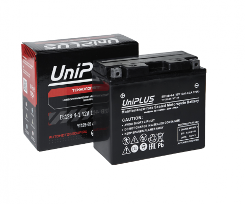 UniPLUS EB12B-4-1 YT12B-BS (10 А/ч, 165А EN) L+, боковые клеммы под болт для Yamaha YZF-R125, Honda CBR125R