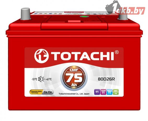 Totachi CMF 80D26L (75 А/ч, 580А) Прямая полярность, высокий пусковой ток 580А EN для Mazda CX-5 и Toyota Camry Totachi CMF 80D26L (75 А/ч, 580А) Прямая полярность, высокий пусковой ток 580А EN для Mazda CX-5 и Toyota Camry
