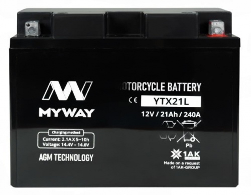 MYWAY YTX21L-BS (21 А/ч, 240А) Обратная (R+), AGM под болт М6 для Honda VTX1800, Yamaha XV1900, Suzuki C1500