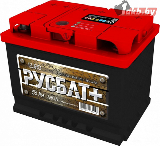 РУСБАТ+ (АКОМ) 6СТ-55 (55 A/h), 450A R+