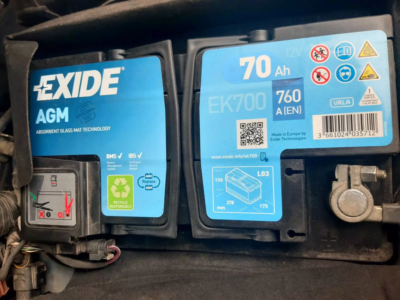 Exide Start-Stop AGM EK700 (70 A/h), 760A R+ - 0